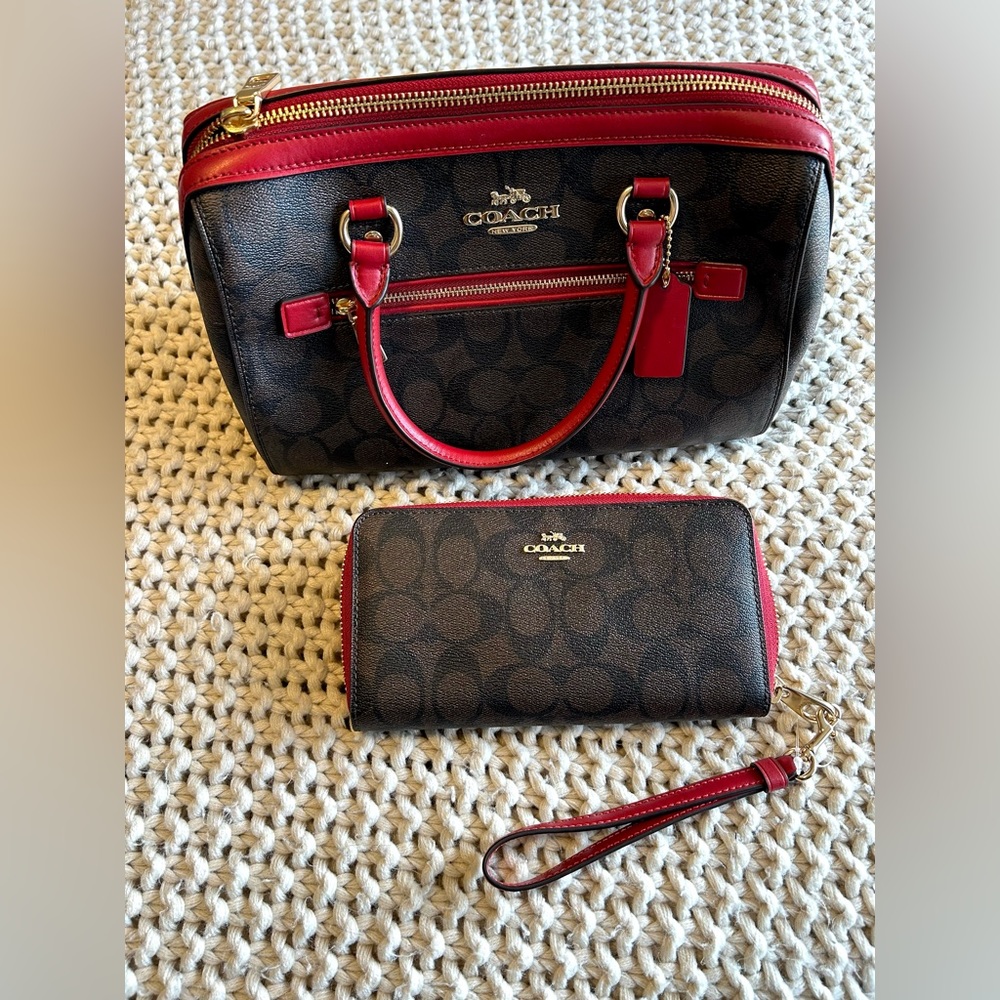 COACH Rowan Satchel Bag Signature Canvas & Leather Brown & Red & Matching Wallet